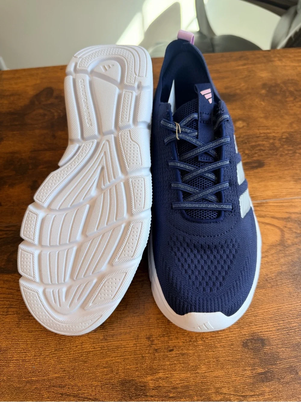 adidas Womens Navy Running Shoes with White Stripes and Pink Accents WIDE FIT